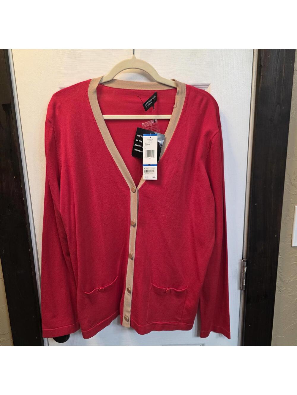 Jones New York Collection Red Cardigan Sweater with Beige Trim XL NWT